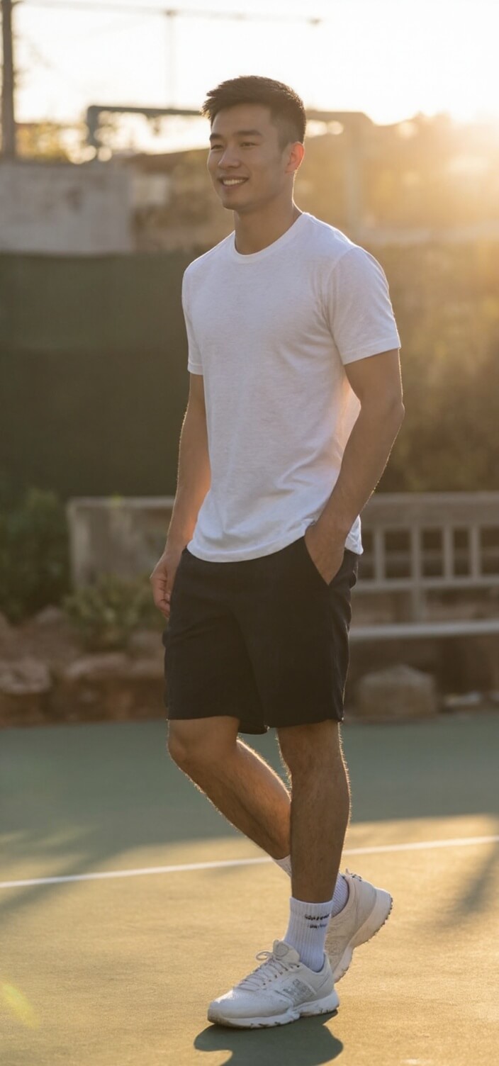 A dating app picture of an Asian man playing tennis