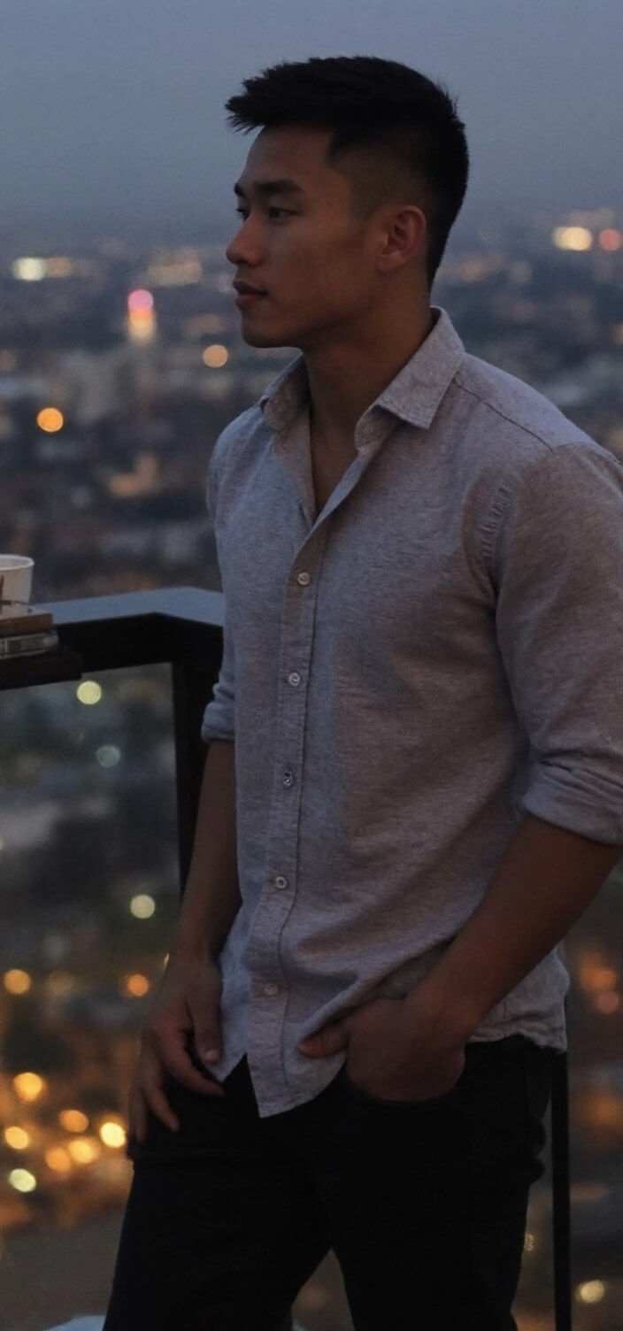 A dating profile picture of a man standing on a balcony overlooking the city