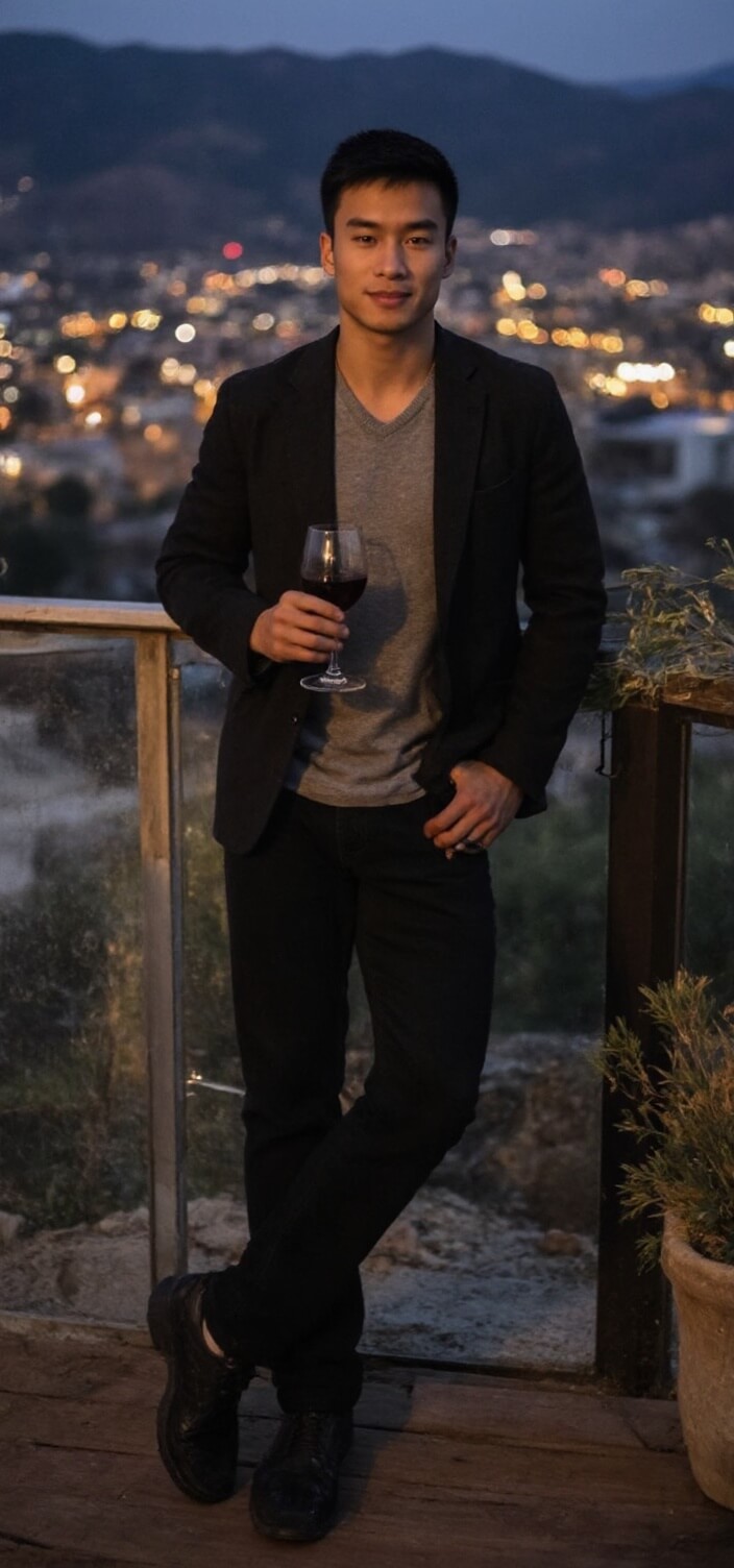 A dating profile picture of an asian man standing on a balcony holding a glass of wine