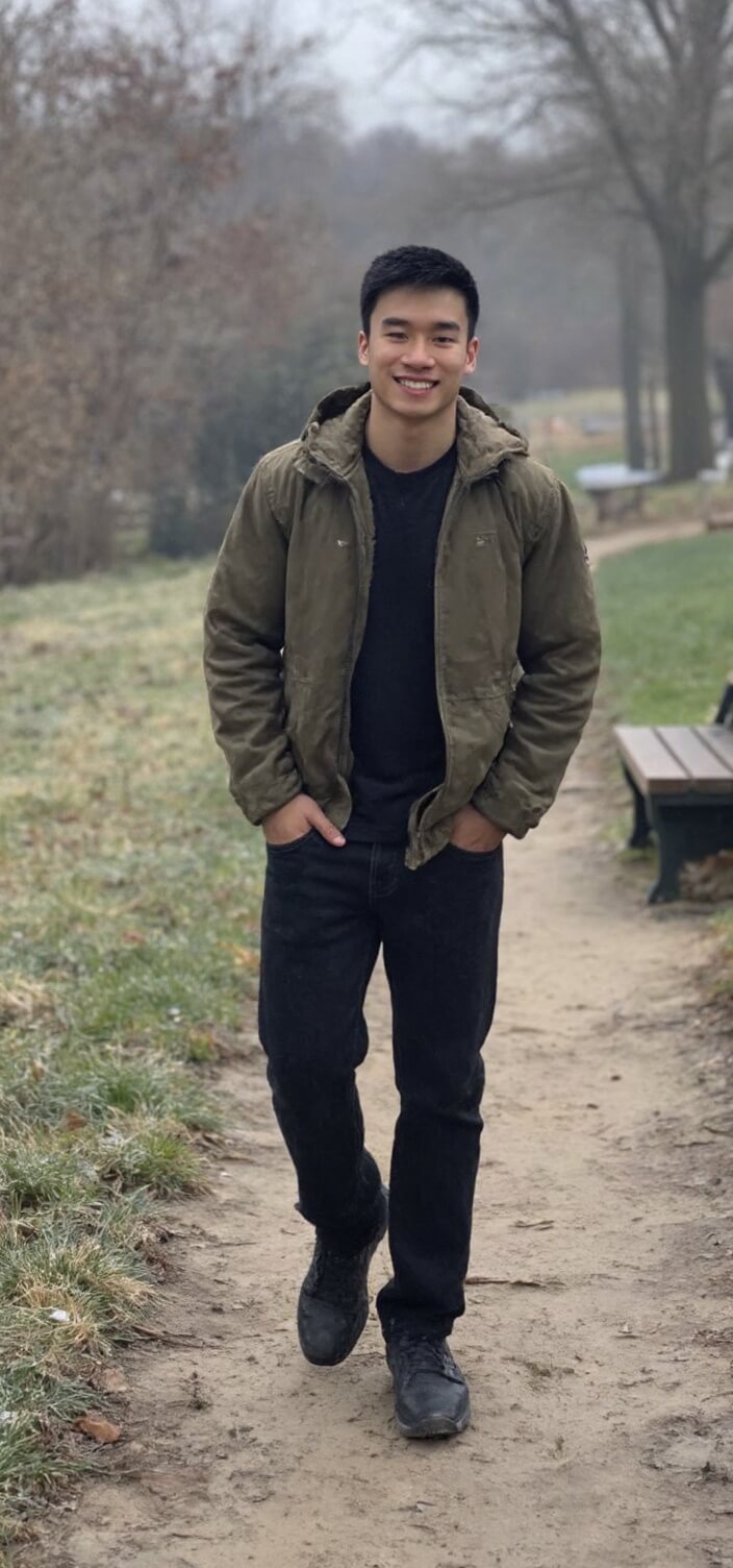 A dating profile picture of an Asian man walking at the park