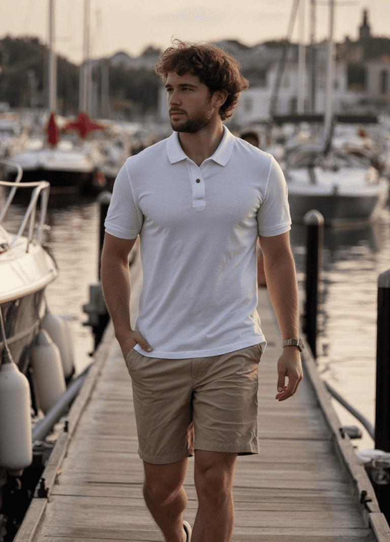 A dating app picture of a man standing on a boat dock