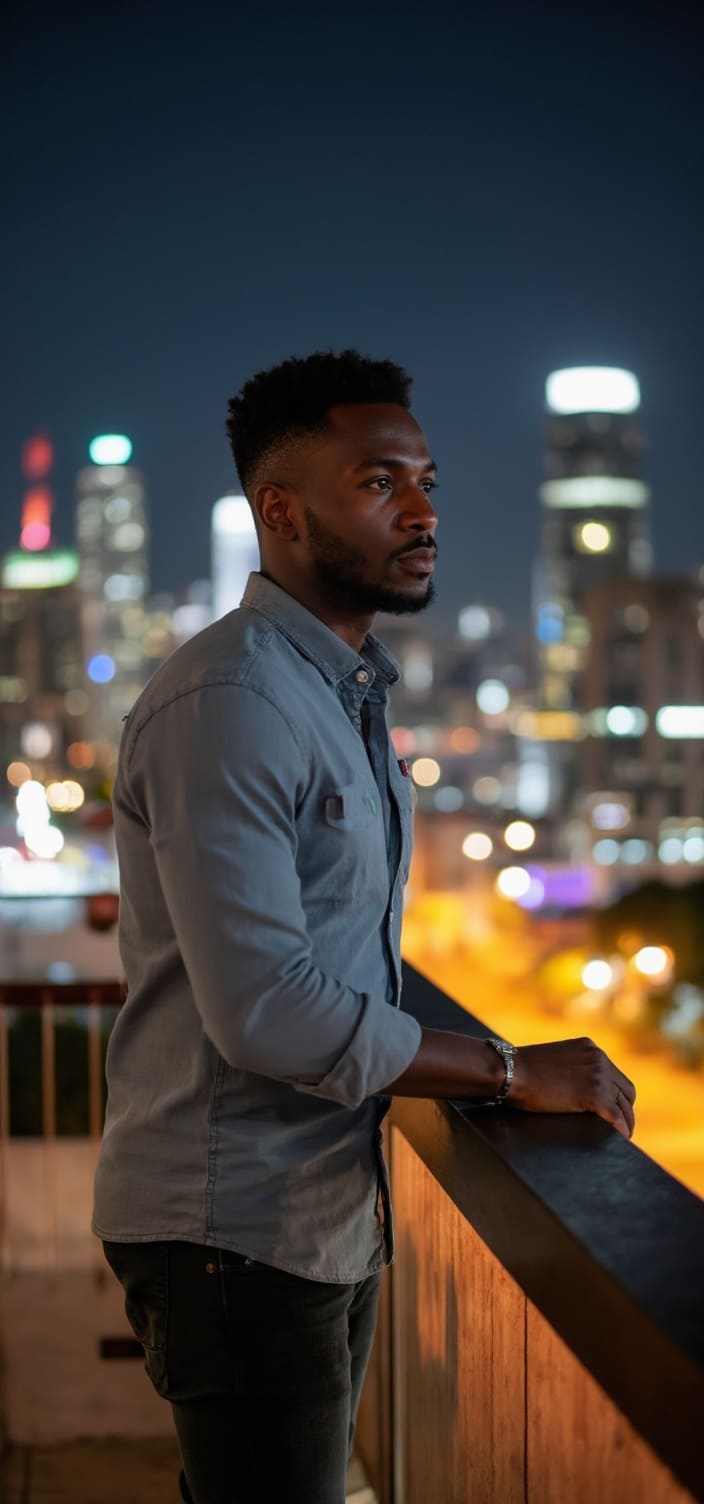 A dating profile picture of a black man wearing a trench coat walking down the street