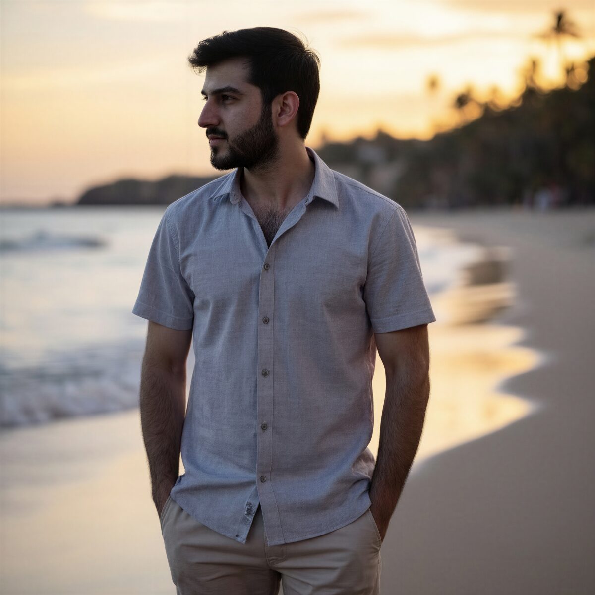 Man in short-sleeve shirt walking on beach at sunset, hands in pockets