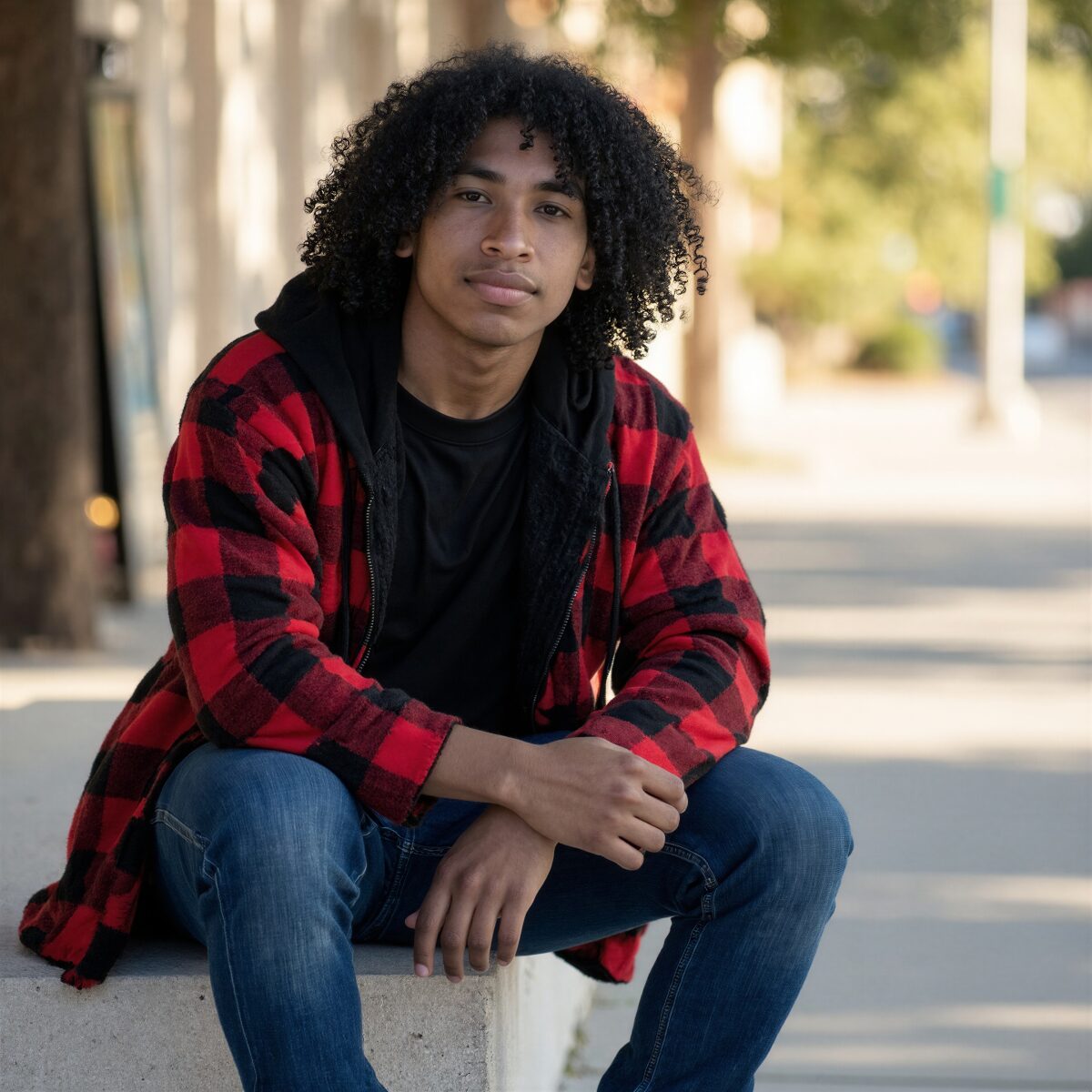 Man in red plaid jacket and jeans sitting outdoors, relaxed and approachable