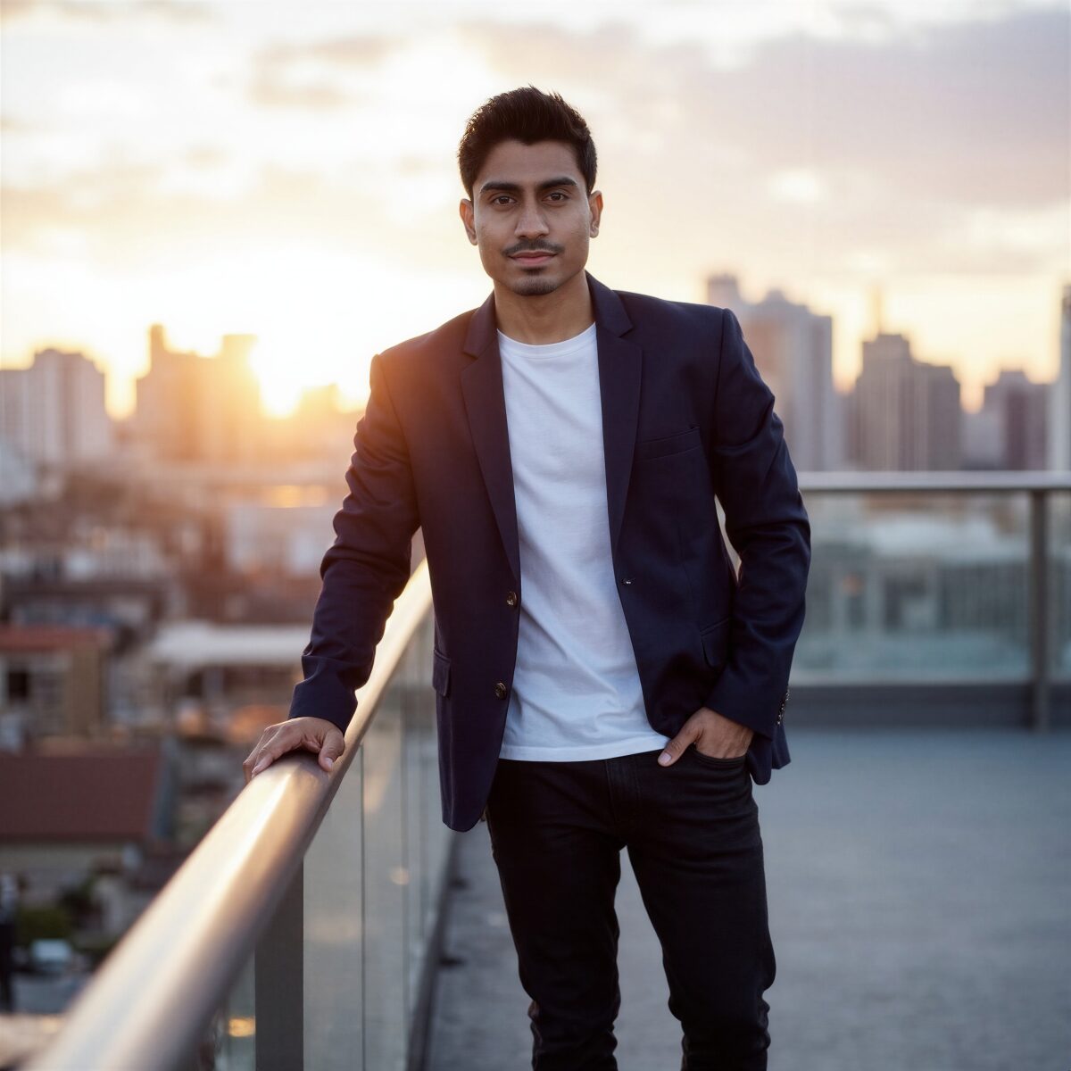 Man in blazer and t-shirt on rooftop at sunset with city skyline