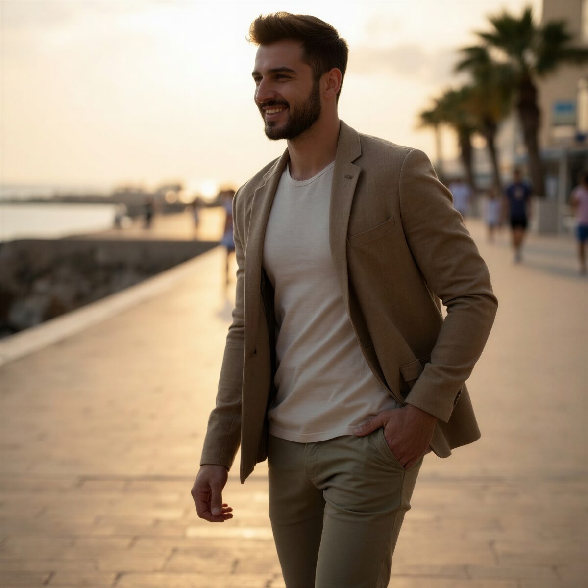 Man in beige blazer smiling while walking on a boardwalk at sunset
