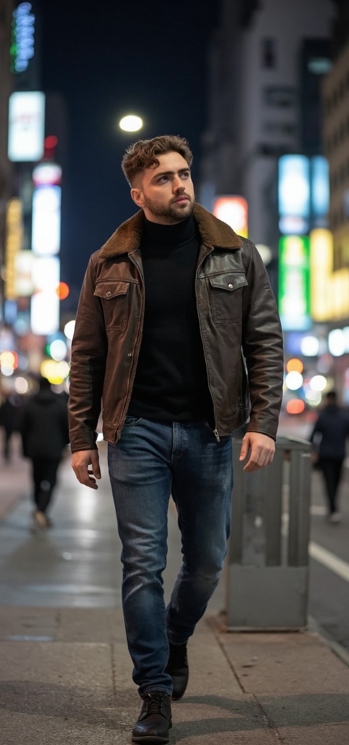 A dating profile picture of a man walking down a city street wearing a jacket