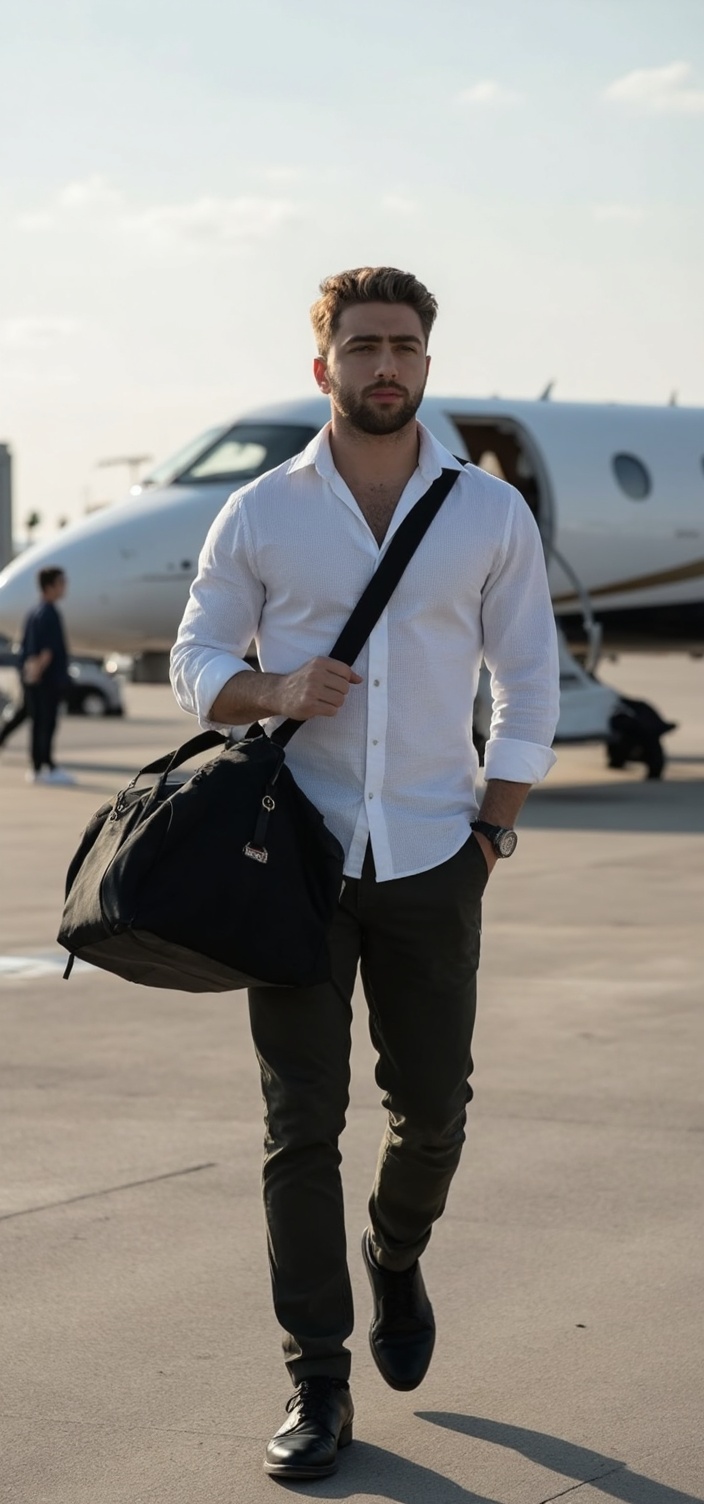 A dating profile picture of a man walking away from an airplane carrying a duffel bag