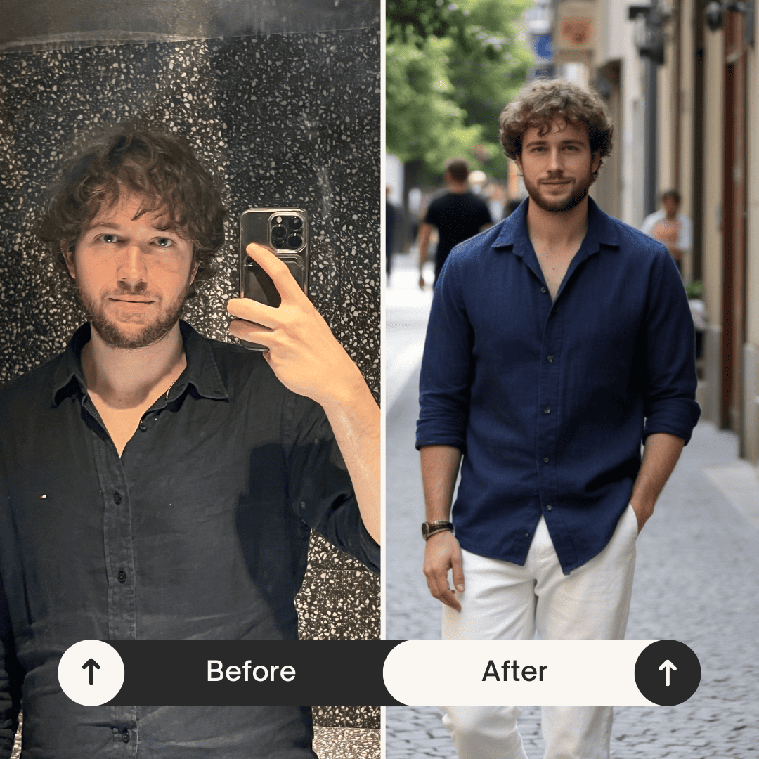 Before and after picture showcasing an AI-generated dating profile picture