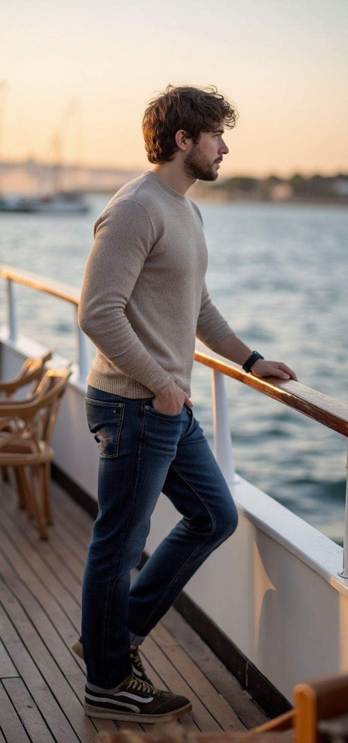 A dating profile picture of a man standing on a boat