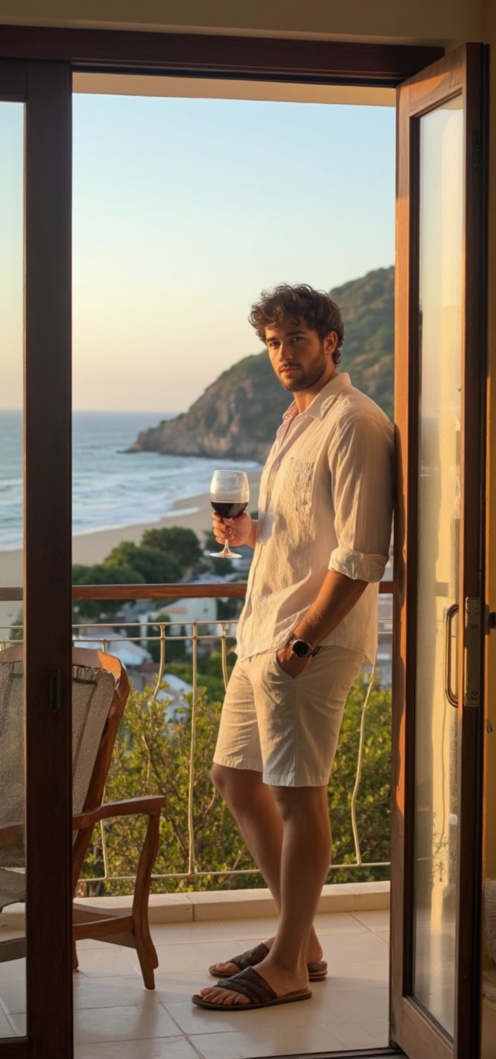 A dating profile picture of a man standing on a balcony holding a glass of wine