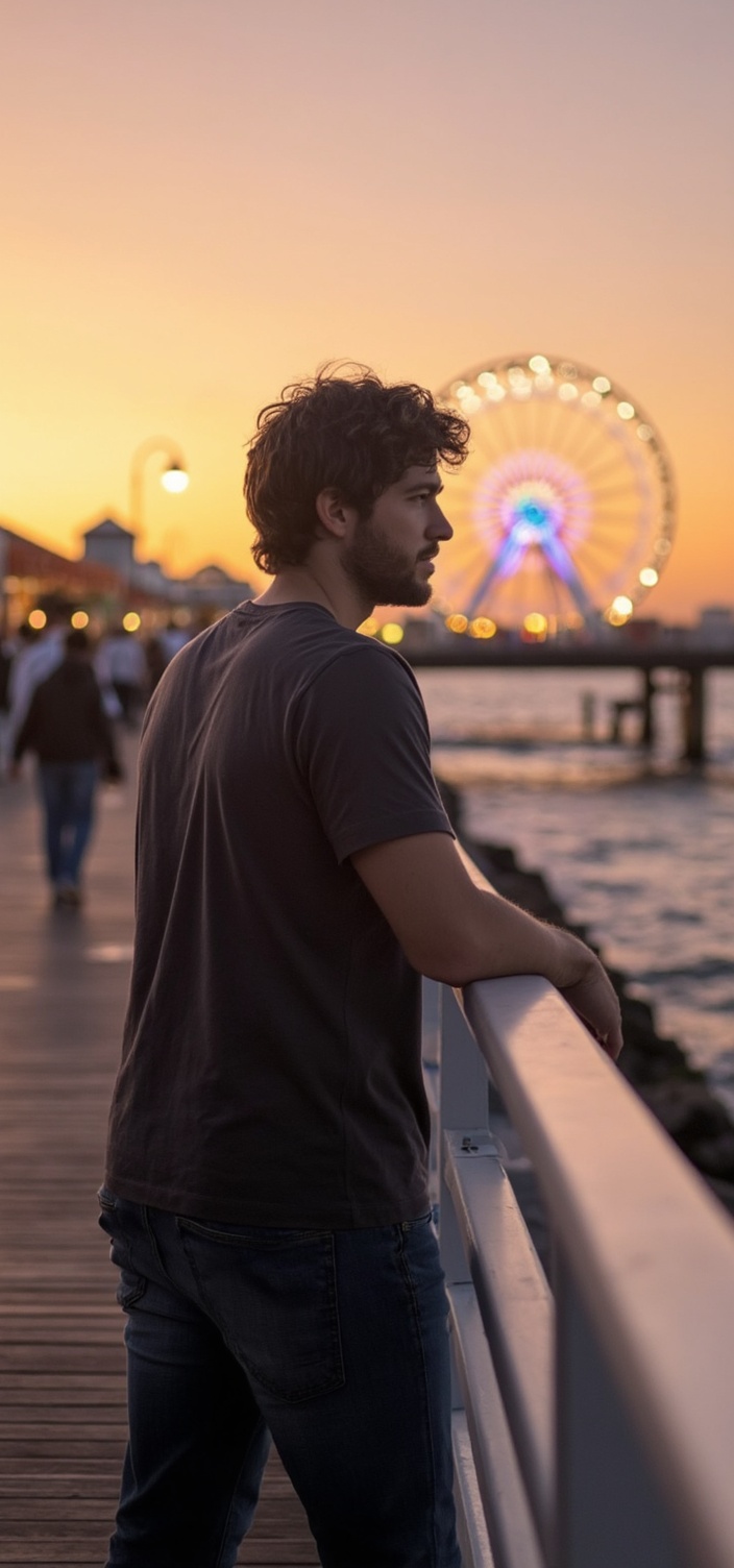 A dating profile picture of a man standing on a pier looking out at the ocean