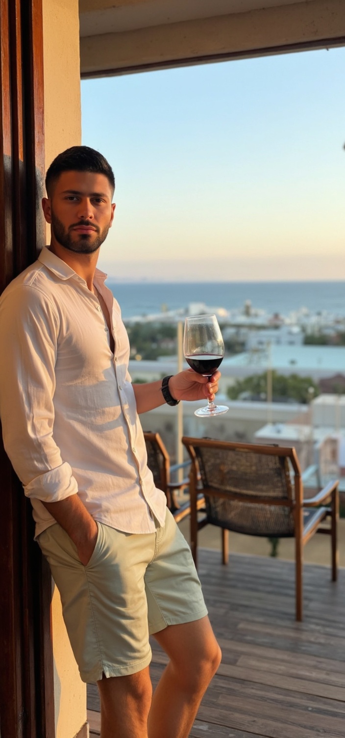 A dating profile picture of an Indian man standing on a balcony holding a glass of wine