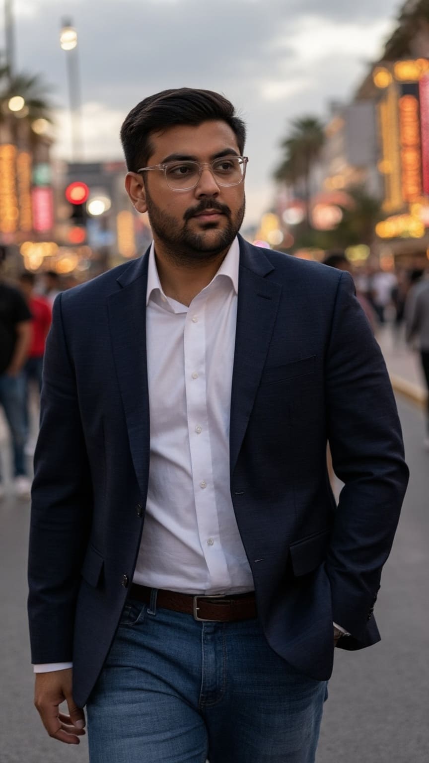 A dating profile picture of a man walking down Las Vegas boulevard