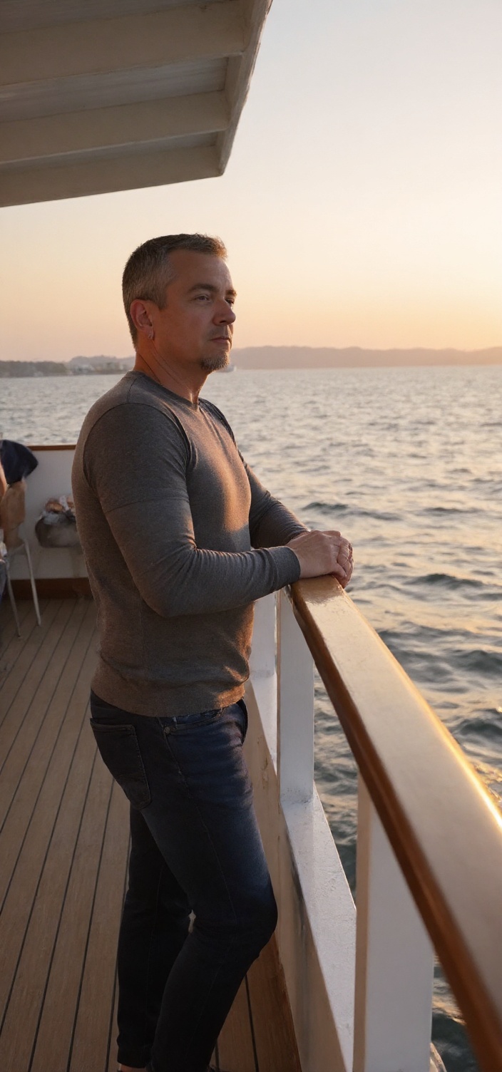 A dating profile picture of an older man on a boat looking out at the water