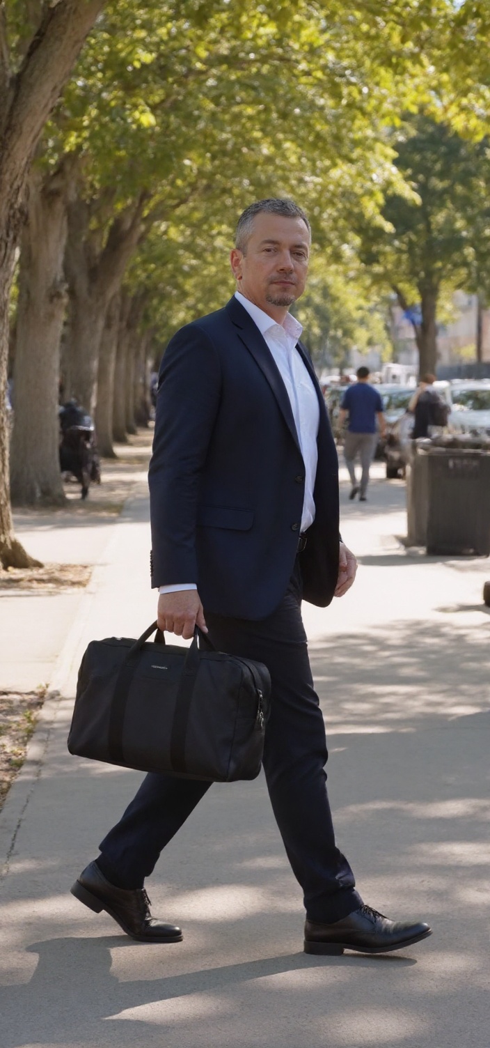 A dating profile picture of an older man wearing a suit walking on the street