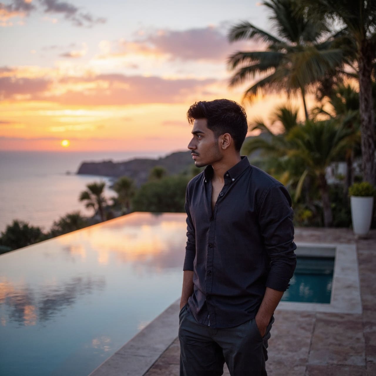 A dating profile picture of a man standing on a balcony holding a glass of wine