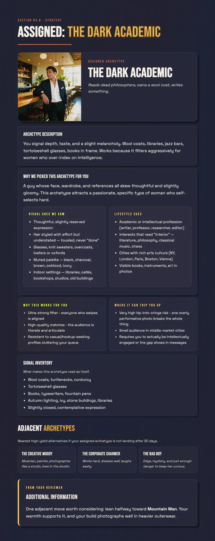 Report page showing archetype analysis and strategy