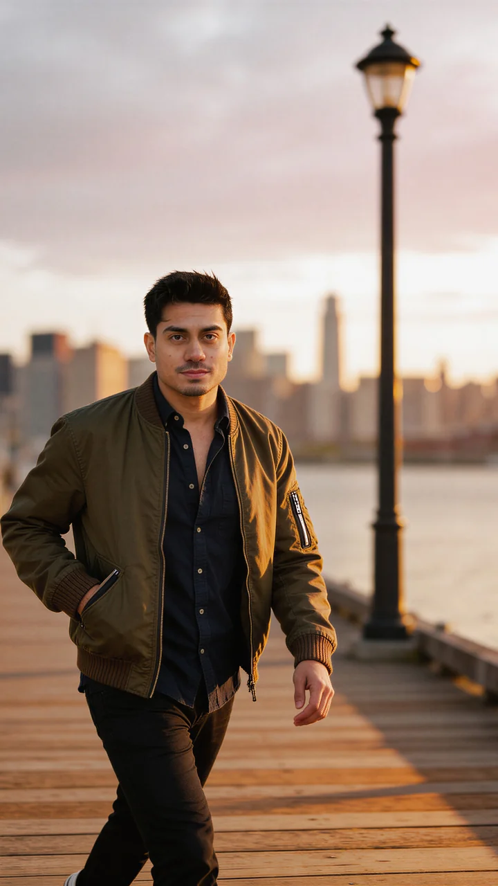 A dating profile picture of a man walking through city streets at night