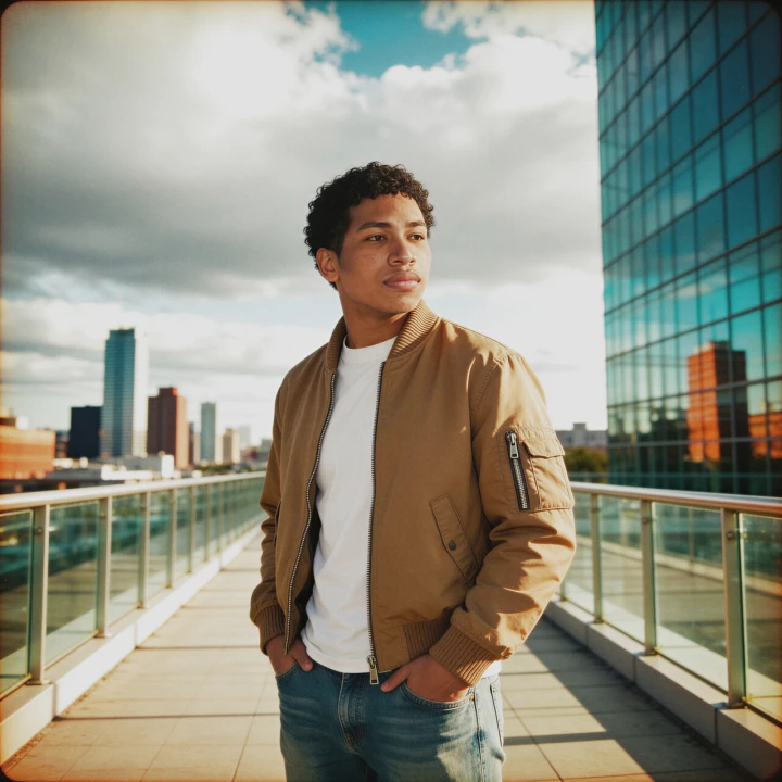 A man in a bomber jacket on a rooftop, the kind of high-effort dating app profile photo described in the post