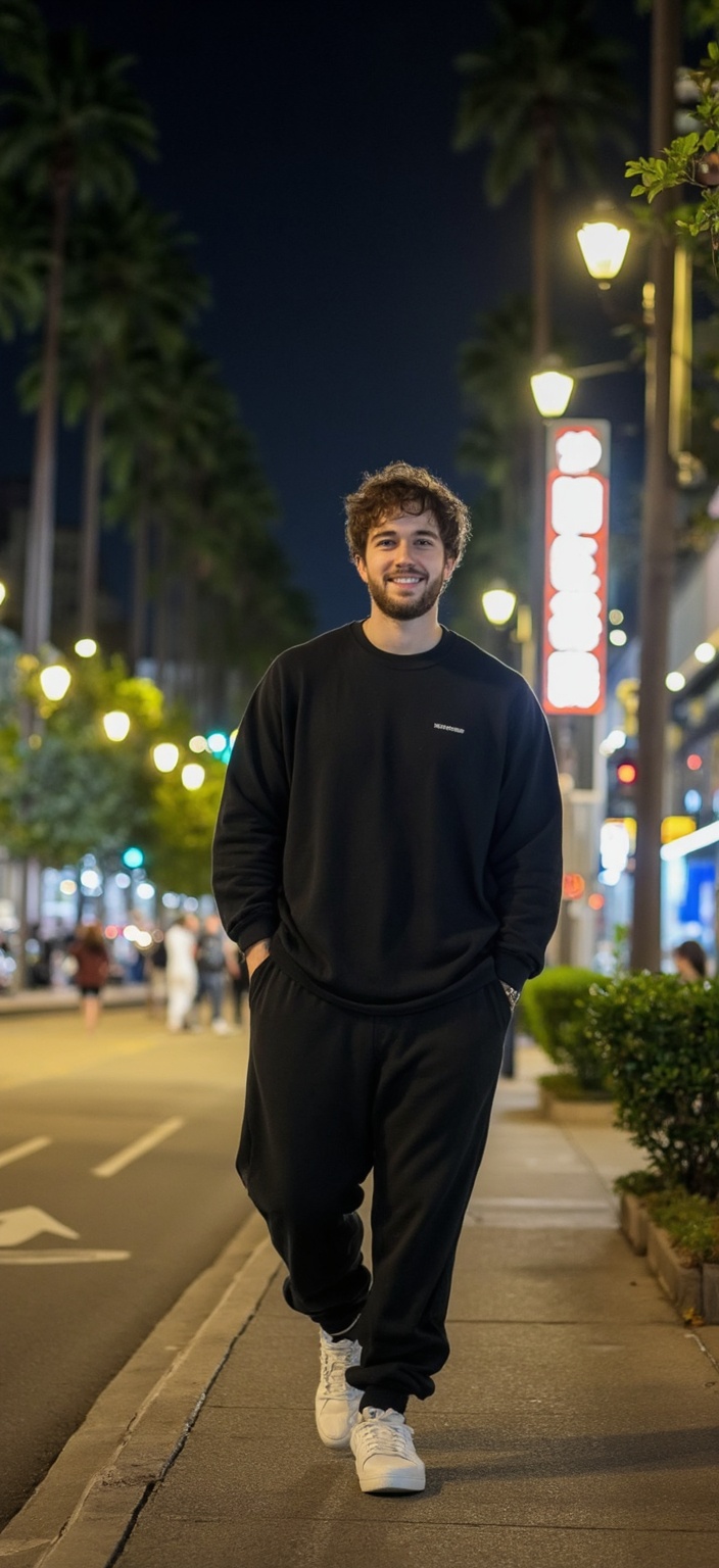 A dating profile picture of a man wearing a black sweatshirt and black sweats walking down the street