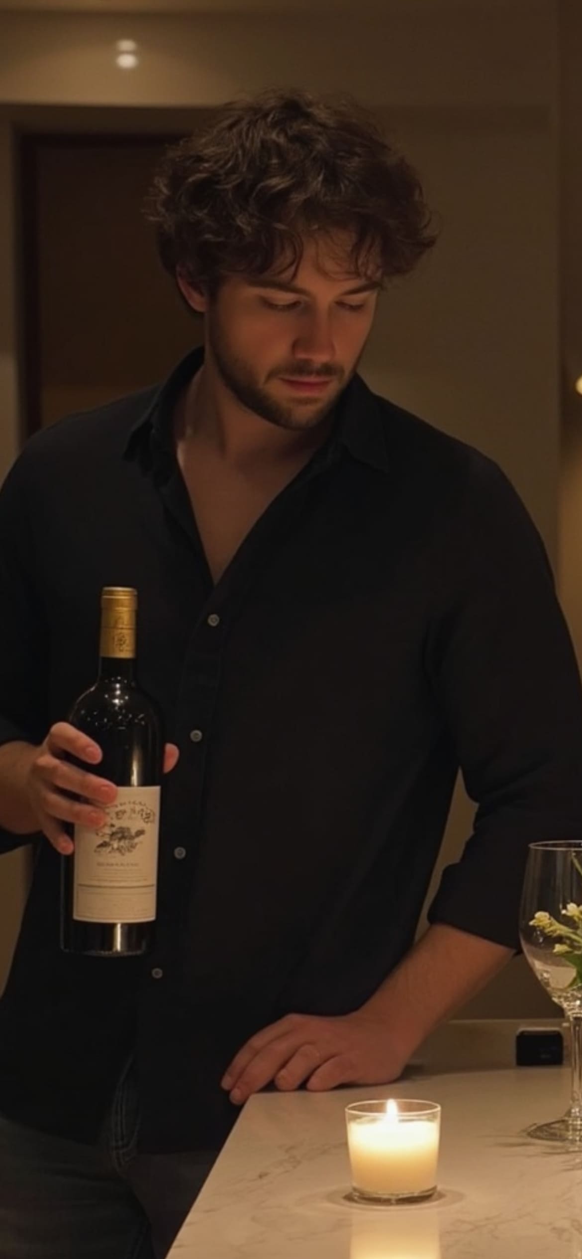 A dating profile picture of a man holding a glass of wine standing in a kitchen