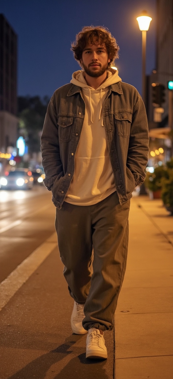 A dating app picture of a man wearing street-style clothes walking in Hollywood