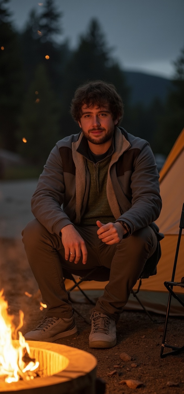 A dating profile picture of a man sitting by a campfire